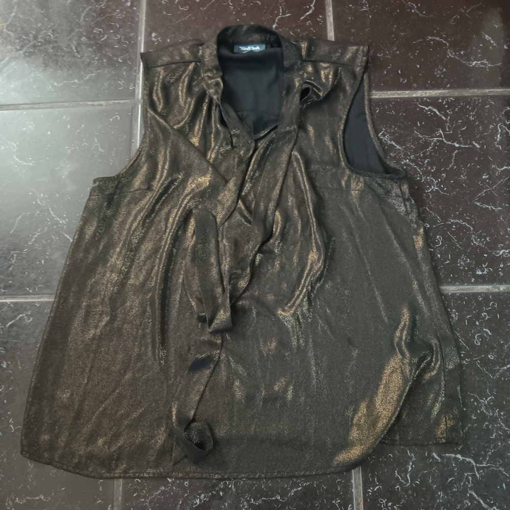 Modcloth Shimmering Black and Gold Sleeveless Blouse W/ Necktie Size L
